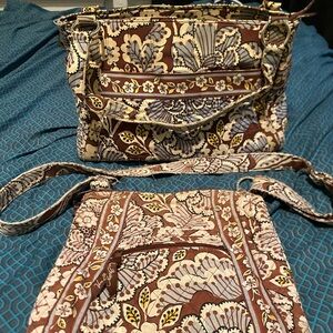 2 Bag Vera Bradley Set Winter Brown Floral Quilted Crossbody Bag and Shoulder